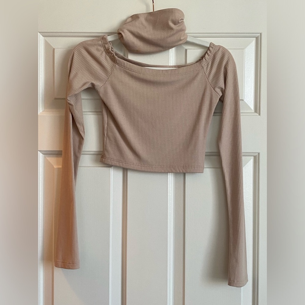 Sexy beige off the shoulder top with detached turtle neck